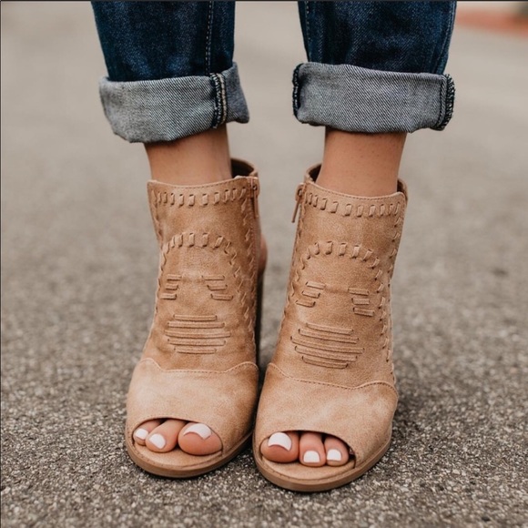 Qupid Shoes - Tan peep toe ankle bootie. Fits like a 8.5.